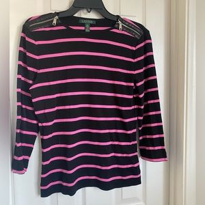 Lauren Ralph Lauren pink and black 3/4 sleeve top w/leather zip shoulder. Sz L